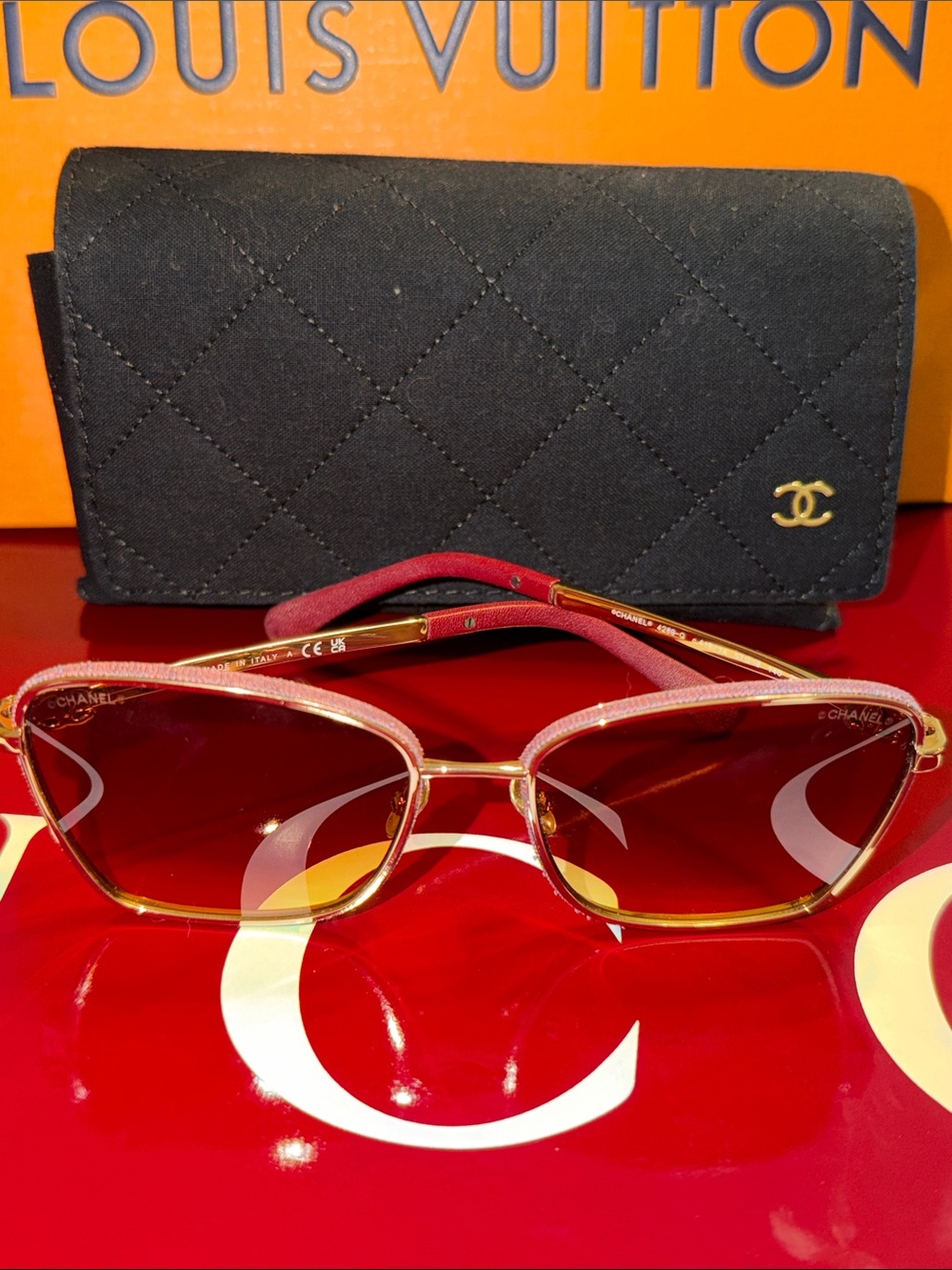 CHANEL Gold Frame Sunglasses with Pink-Red Gradient Lenses